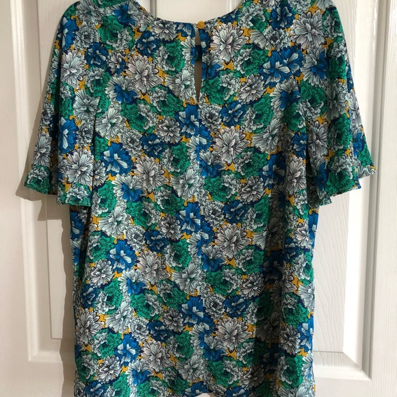 EUC Blouse by banana republic large floral gold blue white black short sleeve - Picture 9 of 11